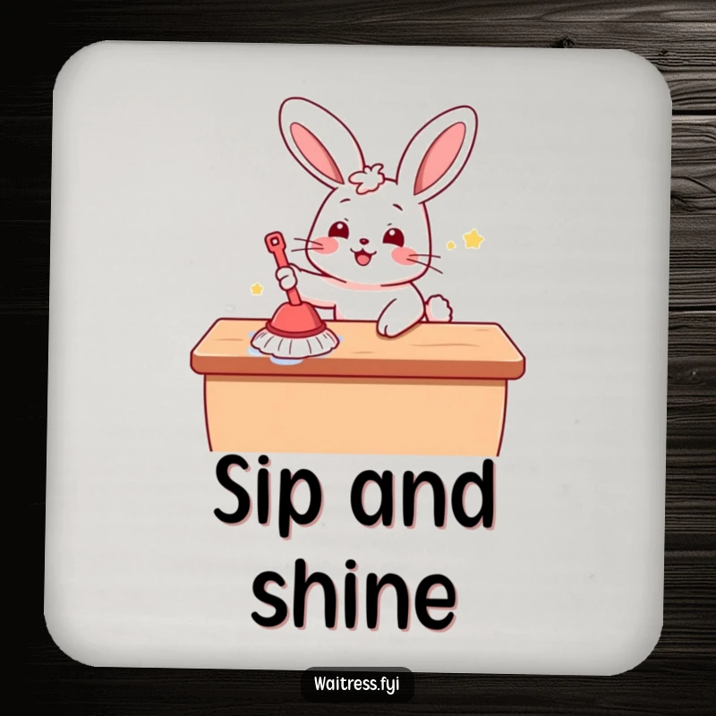 Funny Kawaii Bunny Coaster: A cute bunny cleaning a surface, providing protection and charm for your drinks.