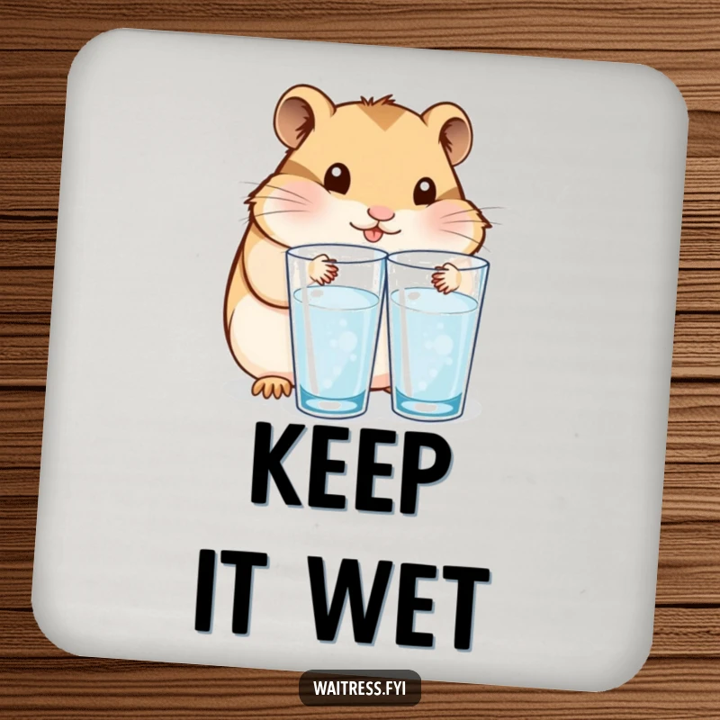Funny drink coasters with a content Kawaii hamster refilling water glasses, offering surface protection with a theme of care.