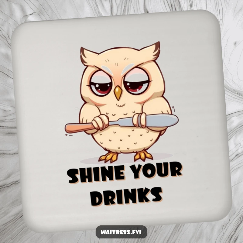 Funny Kawaii owl coasters with a determined owl polishing silverware with focused eyes, protecting surfaces.