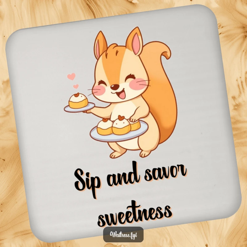 Funny Kawaii Squirrel Drink Coaster: An illustration of a kawaii squirrel enthusiastically offering a selection of tiny, sweet pastries.