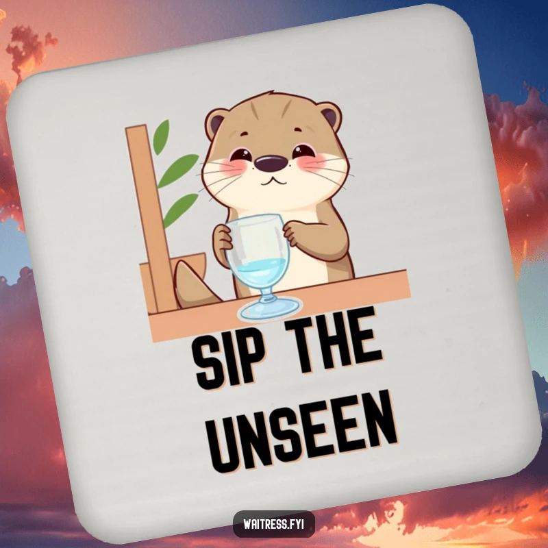 Funny Otter Coaster: Features a contented otter server polishing an invisible glass, a tiny piece of humor for your table.