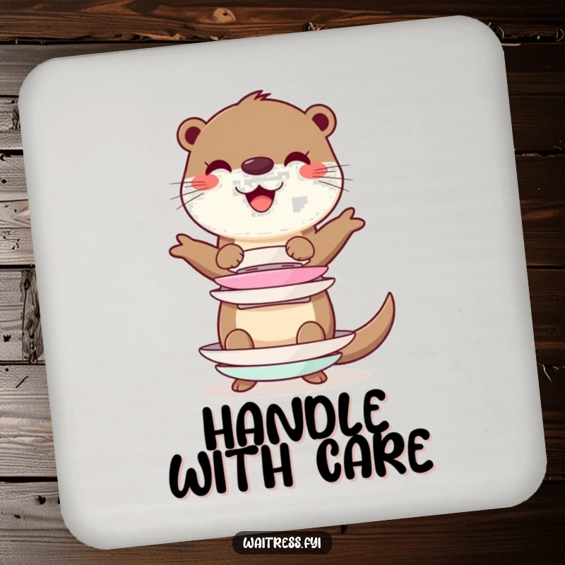 Funny cheerful otter character balancing a stack of imaginary plates on a drink coaster, protecting surfaces in a humorous way.
