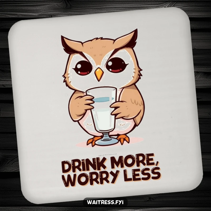 Funny Owl Coaster: Determined owl refilling a glass, representing focus and attentiveness, a fantastic funny gift.