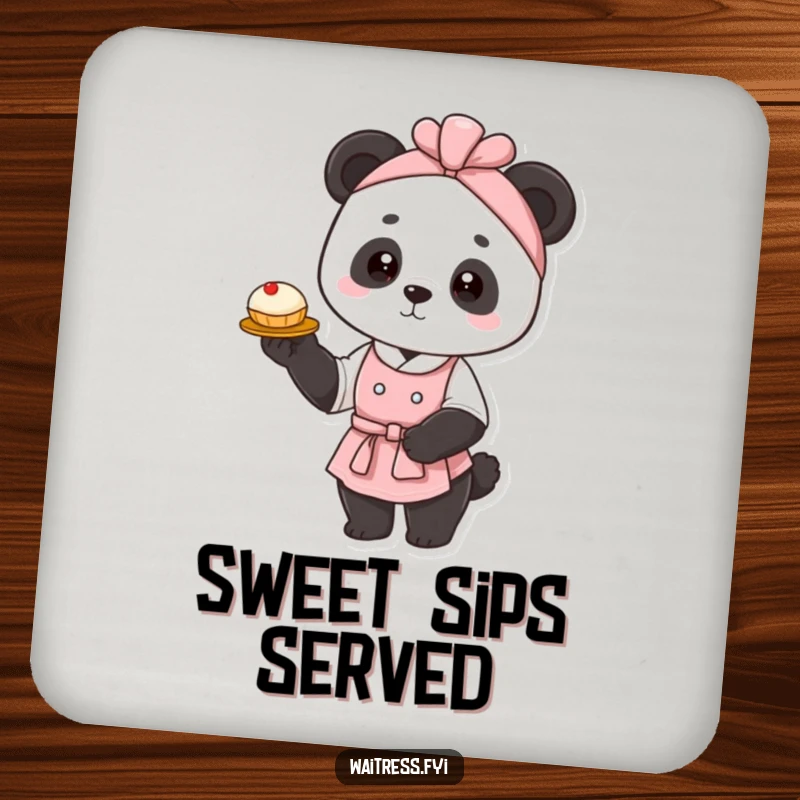Funny panda waitress coaster set featuring a graceful panda presenting a pastry, designed for table protection with a touch of elegant humor.