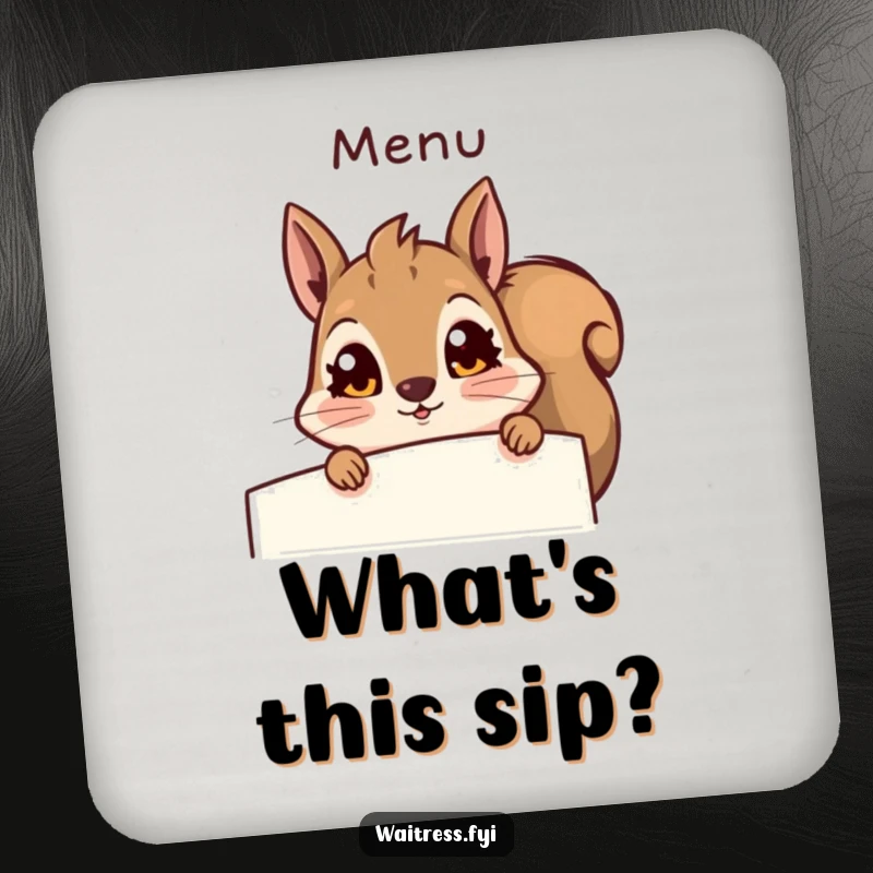 Funny squirrel drink coaster, a surprised squirrel peeking from a menu. Protects surfaces with a humorous design.