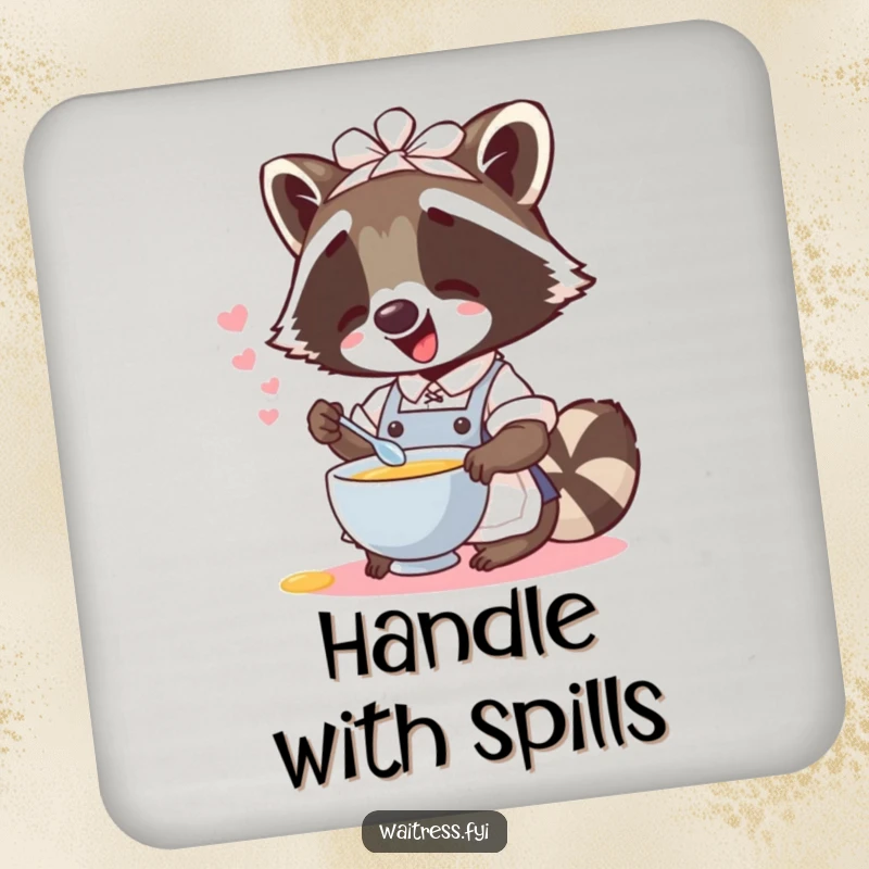 Protective funny raccoon waitress drink coaster with a giggling raccoon spilling imaginary soup, adding whimsy to tabletops.