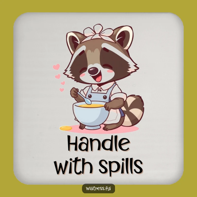 Funny Raccoon Waitress Coaster: Protect surfaces with a giggle, a perfect funny gift.
