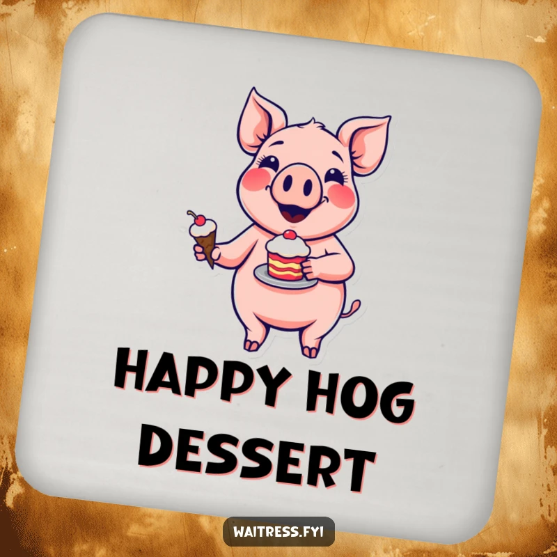 Funny pig dessert coasters featuring a smiling cartoon pig holding a dessert fork, protecting your surfaces from condensation.