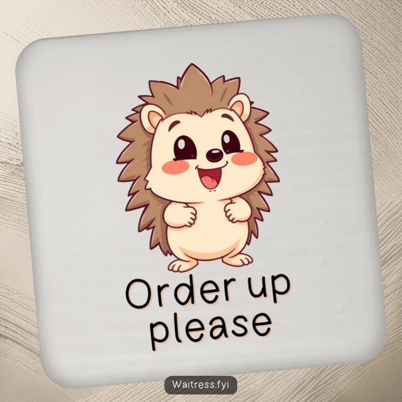 Funny happy hedgehog character with a large menu, looking eager, on a drink coaster, protecting tables with style.