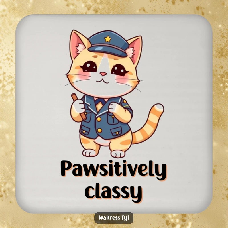 Funny Cat Waiter Coasters featuring a playful cat in uniform winking, protecting surfaces and serving as a funny gift.