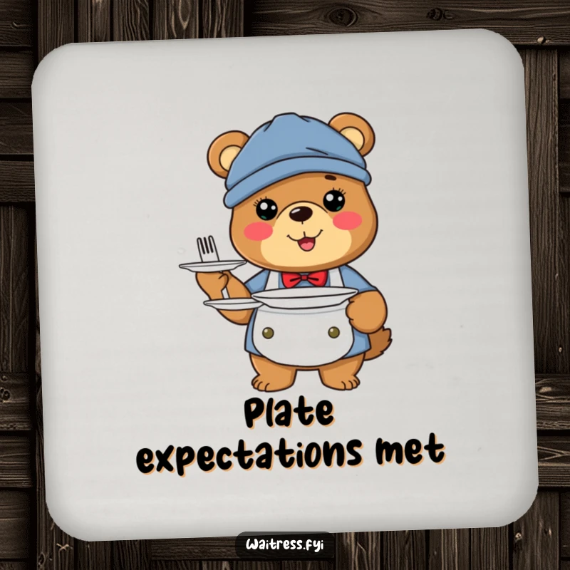 Funny bear server coasters featuring a happy bear dressed as a server holding plates.