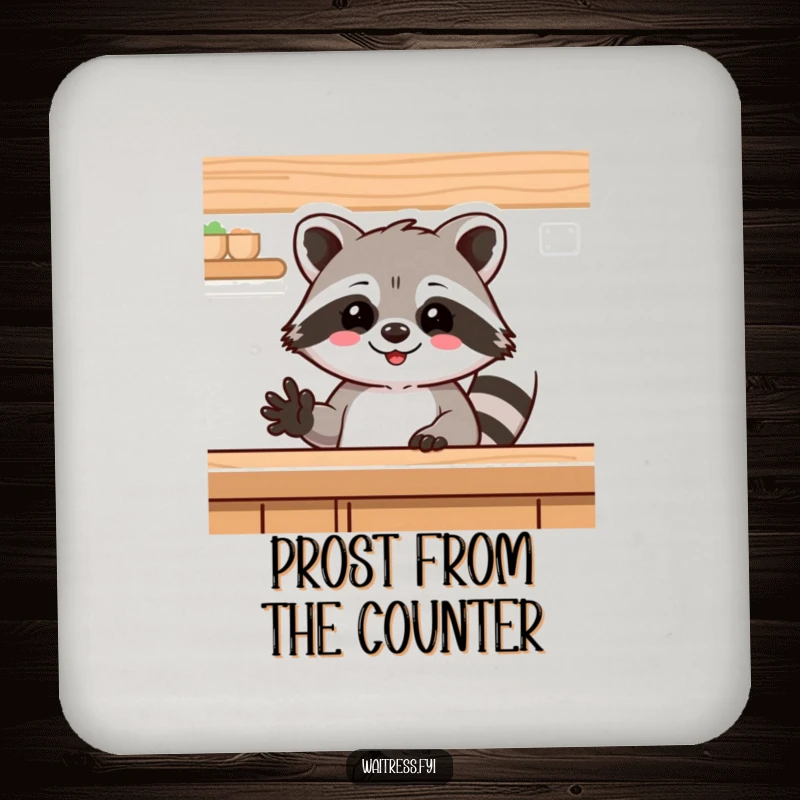 Funny raccoon drink coaster, a delighted raccoon waving from behind a counter. Protects surfaces with humor.