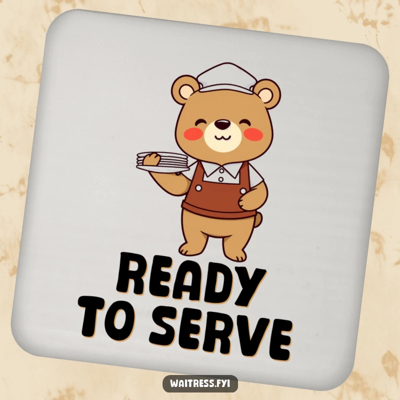 Funny bear waiter coasters with a cheerful bear in a uniform balancing plates, protecting tables.
