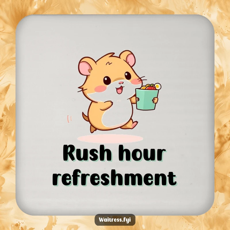 Funny drink coasters with a hamster rushing with a food order, adding humor and protecting tables from spills.