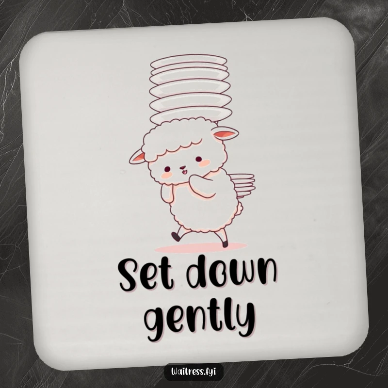 Funny Sheep Plate Struggle Coasters featuring a fluffy sheep character adorably struggling to carry a tall stack of plates, protecting surfaces with charm.