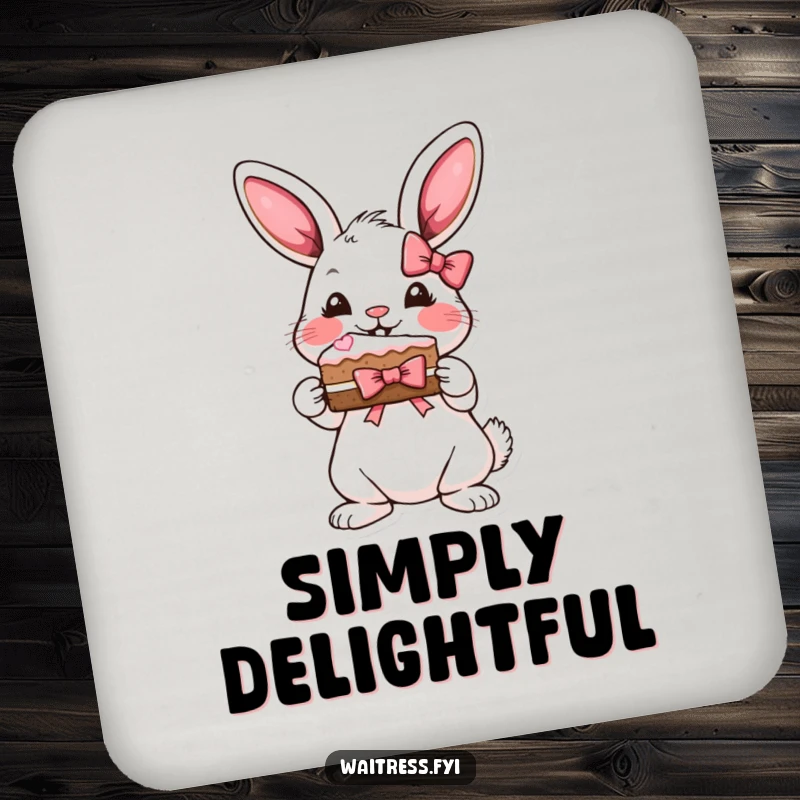 Funny bunny cake coasters with a playful bunny presenting a slice of cake with a ribbon bow.