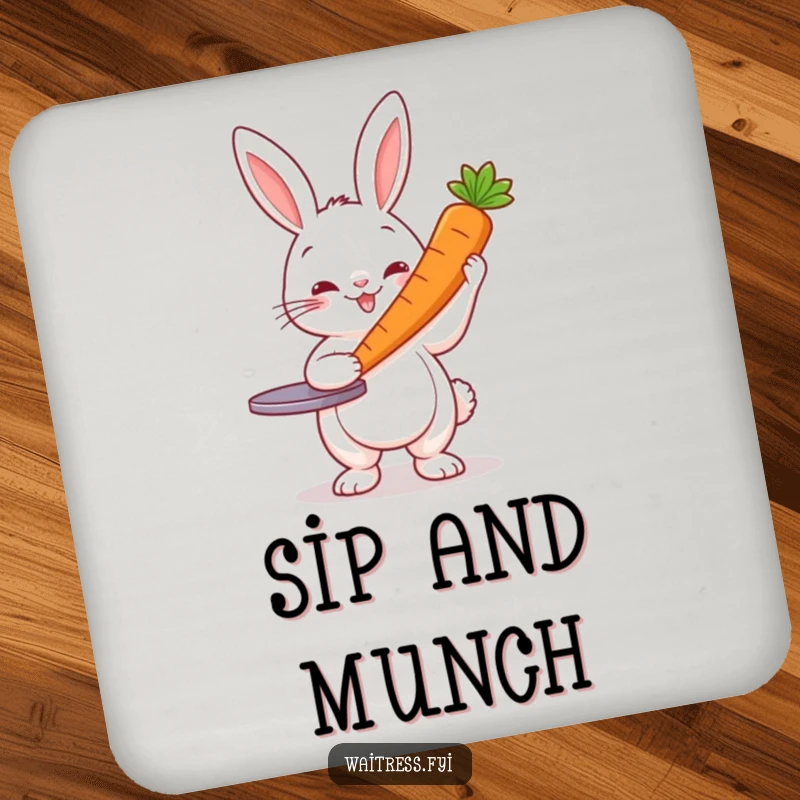 Funny Rabbit Server Coasters: Cheerful rabbit holding a carrot, set of humorous drink coasters.