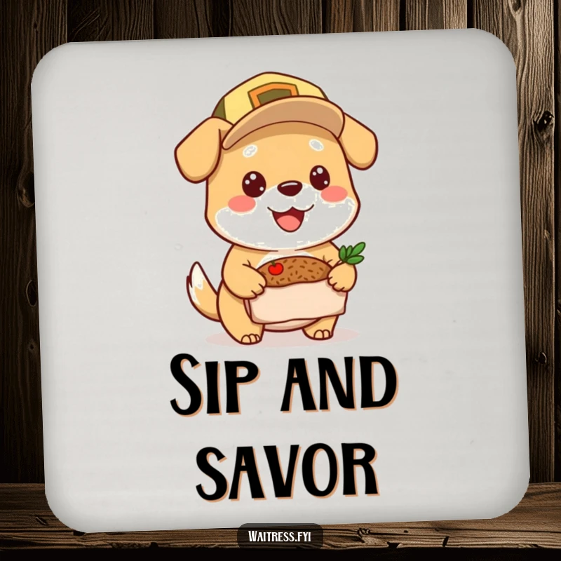 Funny Dog Coaster: Cheerful dog wearing a delivery cap protecting surfaces, adding humor, perfect funny gift.
