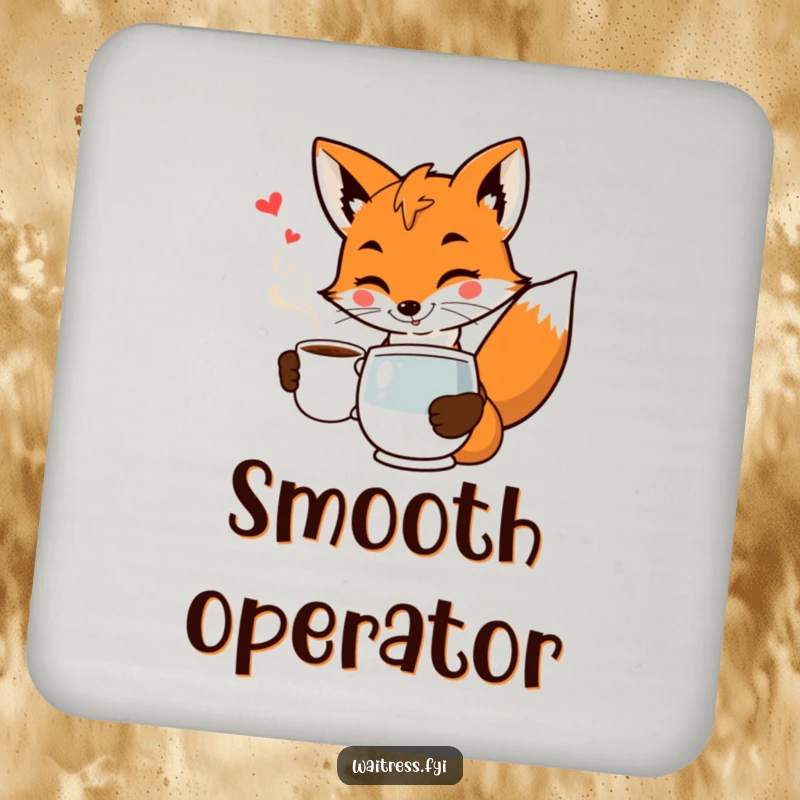 Funny fox waiter coasters with a smiling fox in uniform serving coffee with a flourish and a wink.