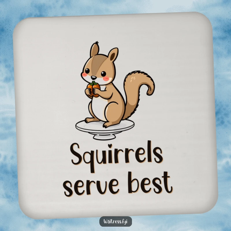 Funny Squirrel Nut Drink Coasters featuring a squirrel balancing nuts on a dish, offering surface protection with cute humor.