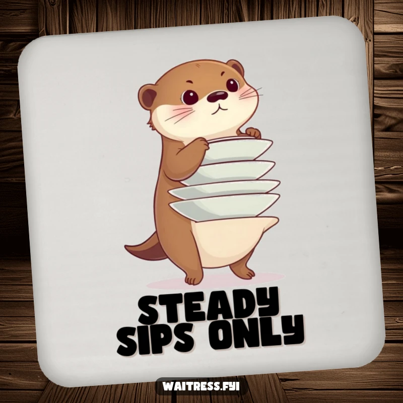 Funny otter drink coasters, a diligent otter balancing a stack of plates precariously, providing protection and a hint of humorous skill.