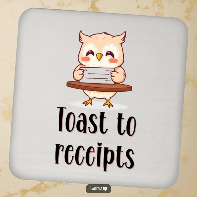 Funny drink coasters with a delighted owl carrying a check, adding humor and protecting tables from spills.