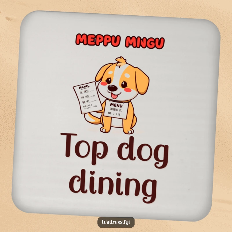 Funny dog waiter coasters set showcasing cartoon terriers in waiter outfits, each holding a menu, protecting your surfaces with style.
