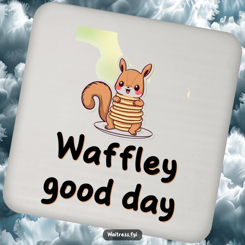 Funny squirrel pancakes coasters featuring a cartoon squirrel stacking pancakes, protecting your surfaces with breakfast-themed flair.
