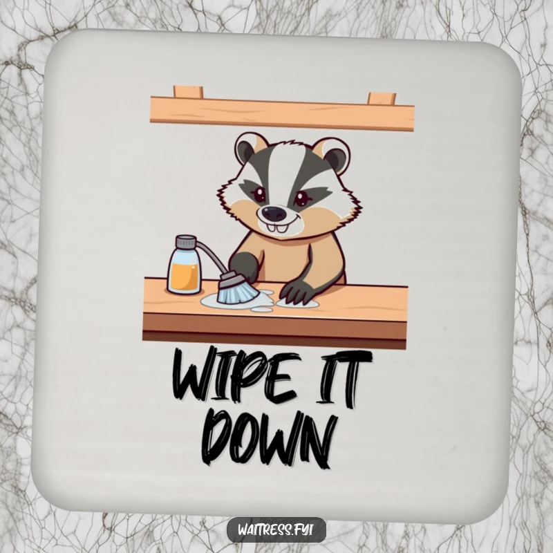 Funny coaster with a determined badger wiping a table, protecting surfaces with a focused, grinning attitude.