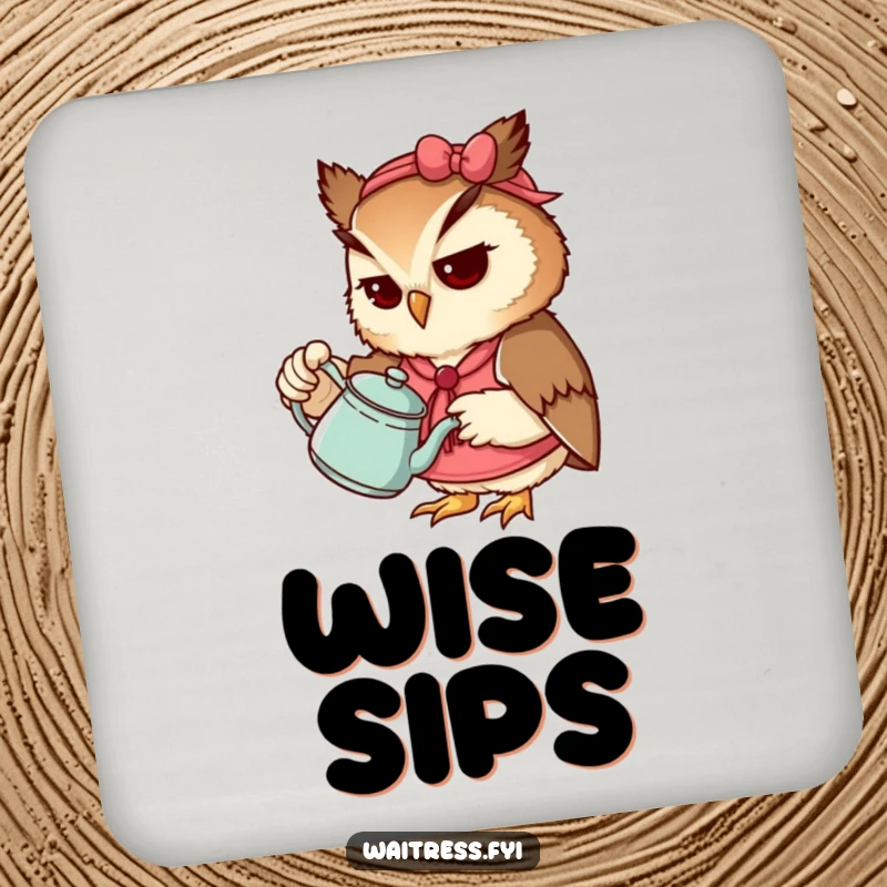Funny Owl Waitress Coasters featuring a determined owl pouring tea, protecting surfaces and serving as a funny gift.