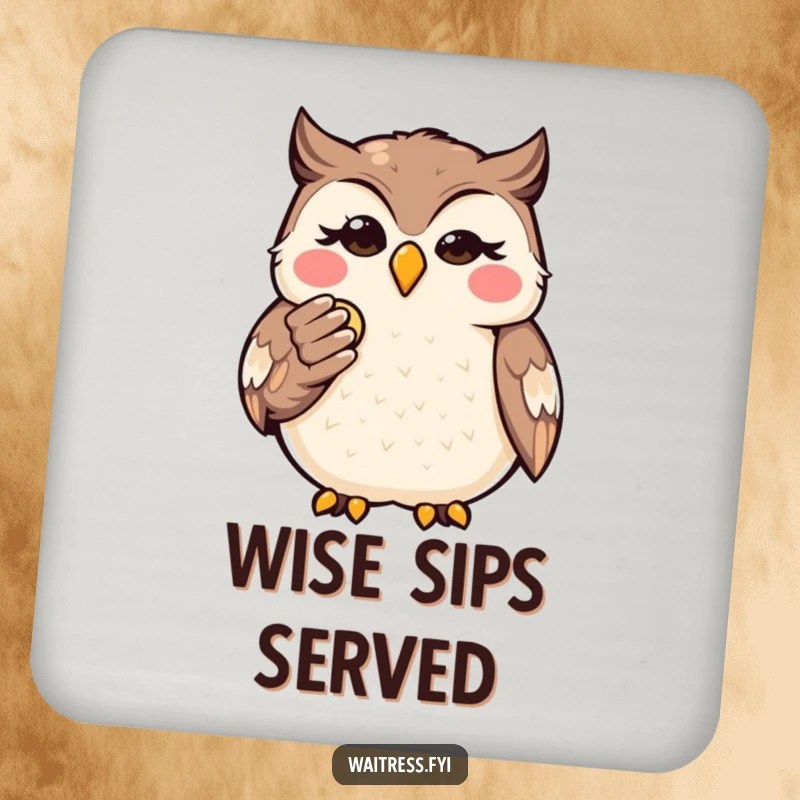 Funny Kawaii Owl Finance Coaster Set: Cute coasters featuring a wise owl presenting a bill, offering protection and financial wit.
