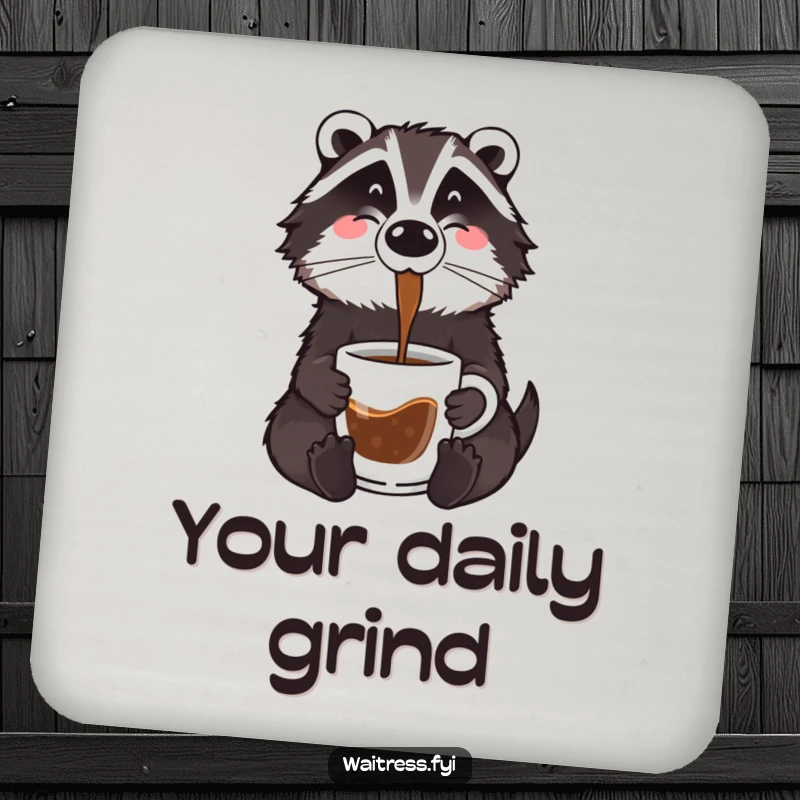 Funny badger coffee coasters featuring a cartoon badger pouring coffee, protecting your surfaces with brew-themed flair.