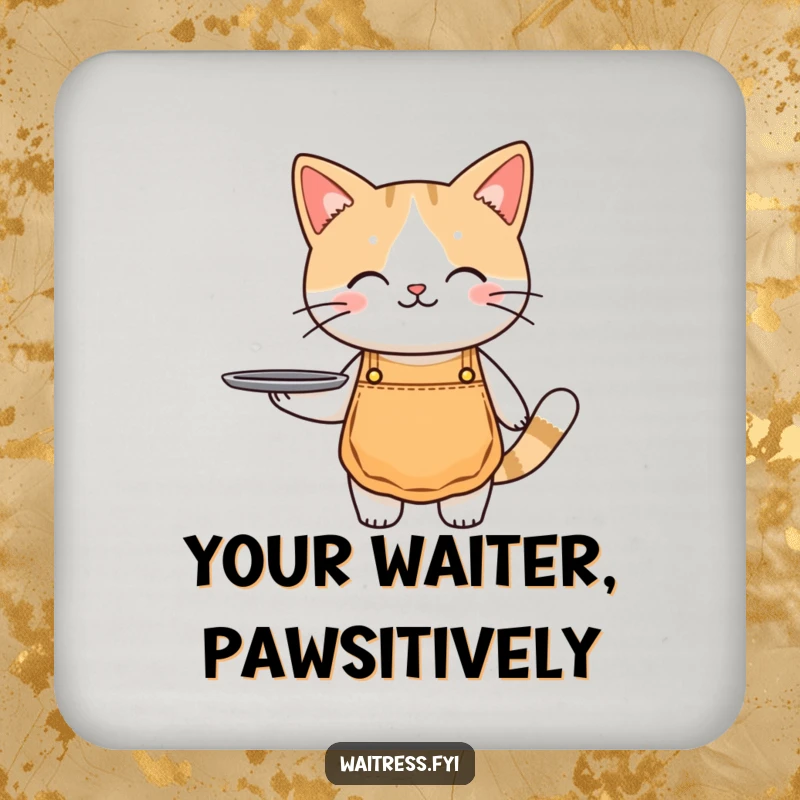 Funny cat waiter coasters featuring a cute cat in an apron holding a tray, protecting surfaces.