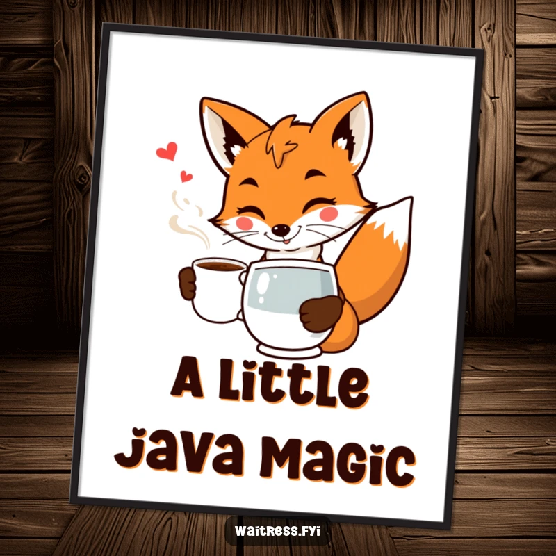 Funny fox waiter poster showing a smiling fox in a uniform serving coffee with a flourish and a wink.