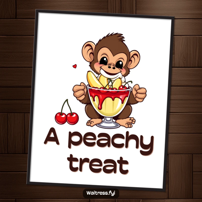 Funny Monkey Banana Poster illustrating a mischievous monkey serving a banana split with extra cherries, perfect for adding fun to walls.