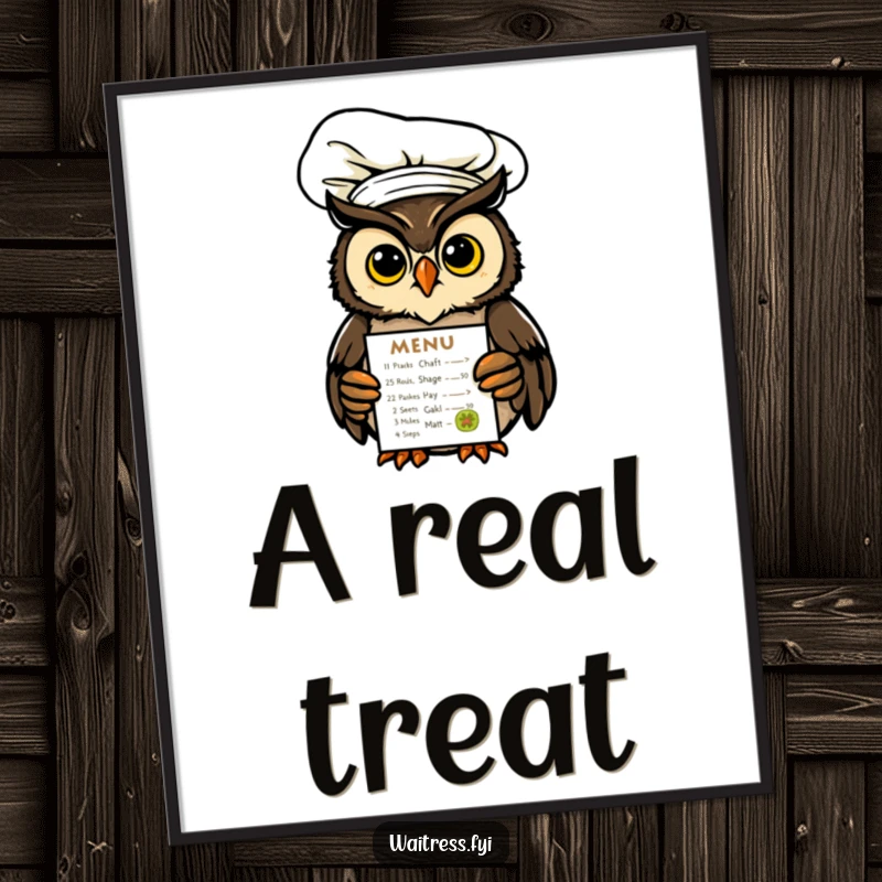 Funny Owl Chef Poster showcasing a stylized owl chef with a glowing menu, adding a humorous artistic touch to any wall.