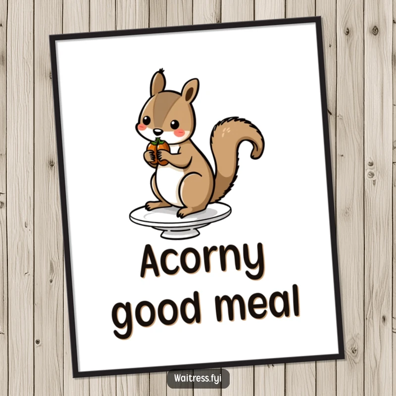 Funny Squirrel Nut Poster illustrating a cute squirrel balancing nuts on a serving dish, perfect for adding humor to walls.