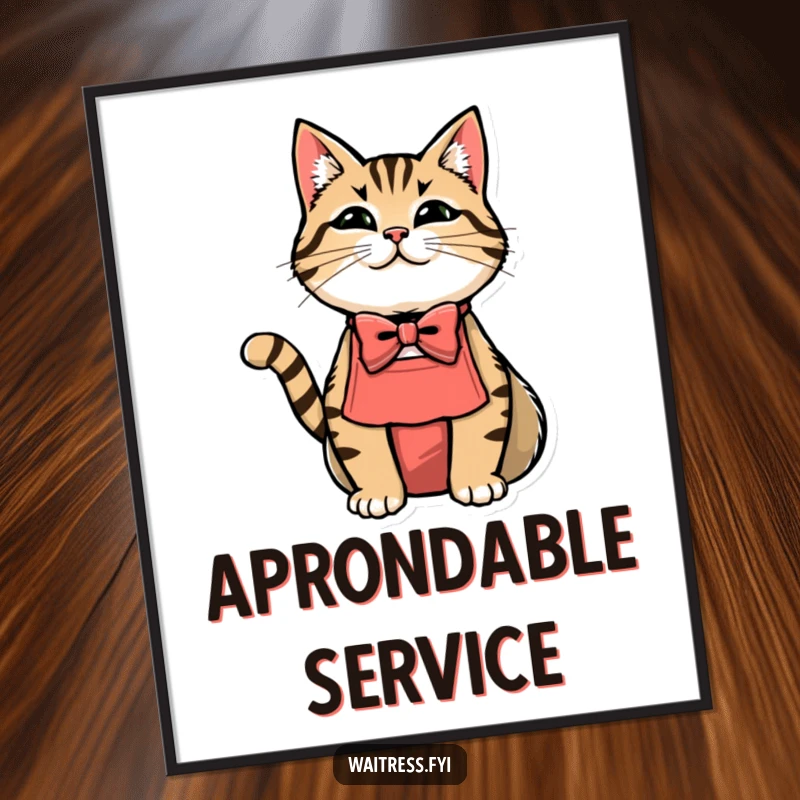 Funny cat waiter poster featuring a cat in a bowtie and apron, looking sophisticated.