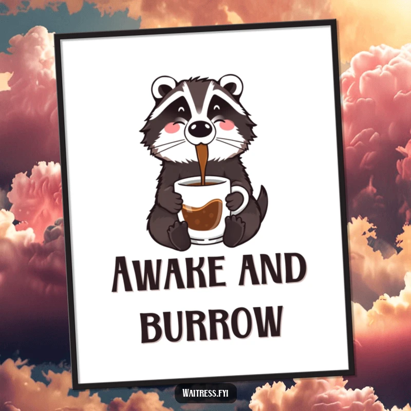 Funny badger coffee poster showing a cartoon badger happily pouring coffee into a mug, with steam rising gently from the cup.