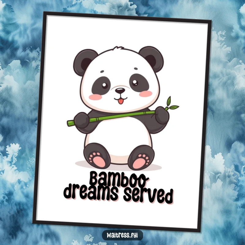 Funny Panda Serving Poster featuring a cute panda with a proud smile, artistically serving a tiny bamboo shoot, capturing sweet, gentle moments.
