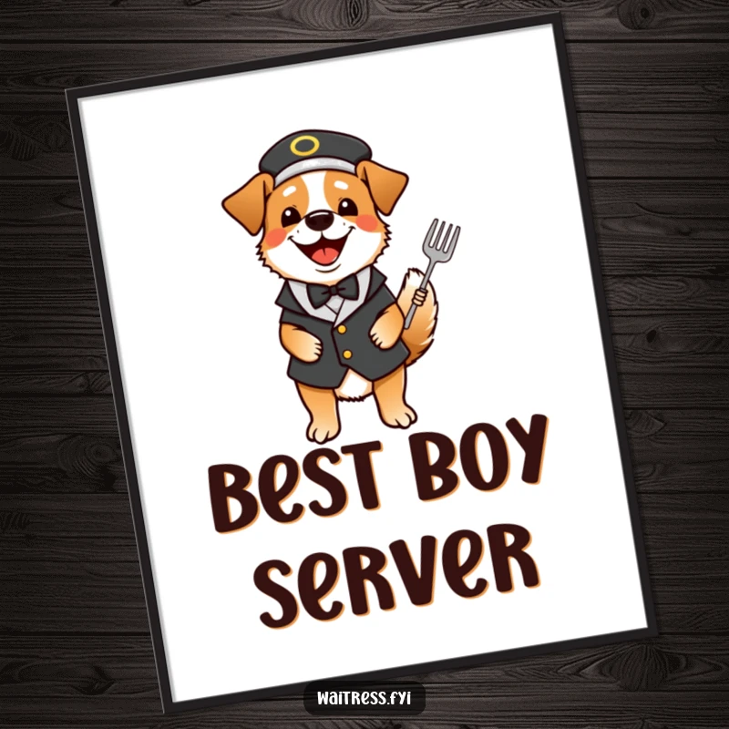 Funny dog waiter poster showing a happy dog dressed as a waiter, with its tail wagging joyfully.