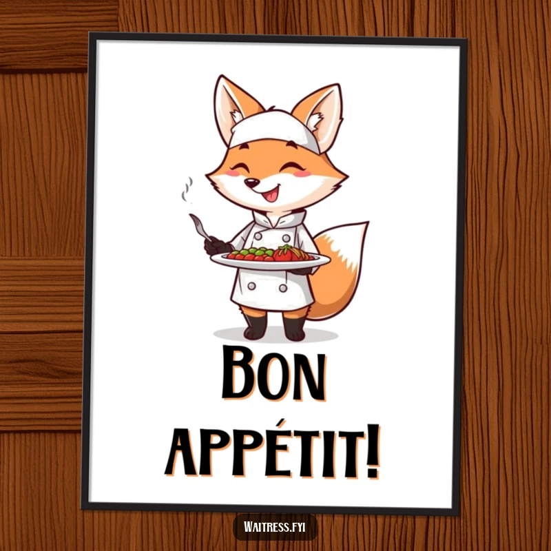 Funny Fox Chef Poster showcasing a smiling fox presenting a dish with flair, excellent kitchen decor and a funny gift.