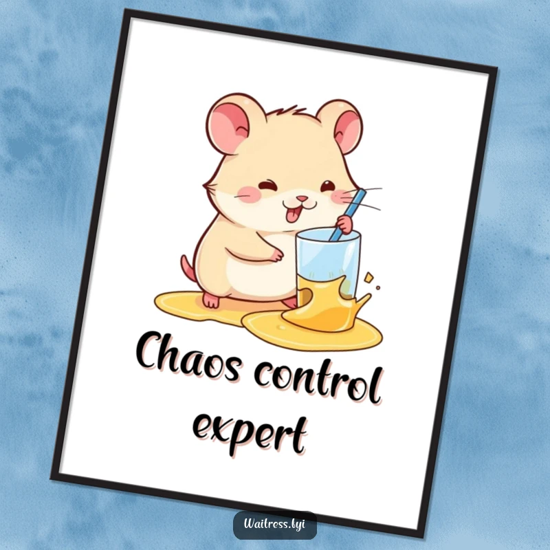 Funny Kawaii Hamster Poster: An art print illustrating a kawaii hamster quickly and effectively cleaning up a spilled beverage.