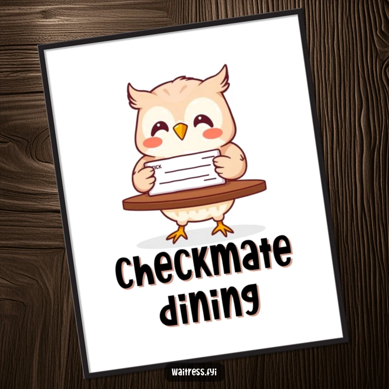 Funny poster art of a happy owl carrying a check, symbolizing financial achievement and good fortune with humor.