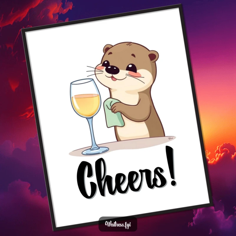 Funny Otter Bartender Poster with a happy otter polishing a wine glass, perfect wall art and a funny gift idea.