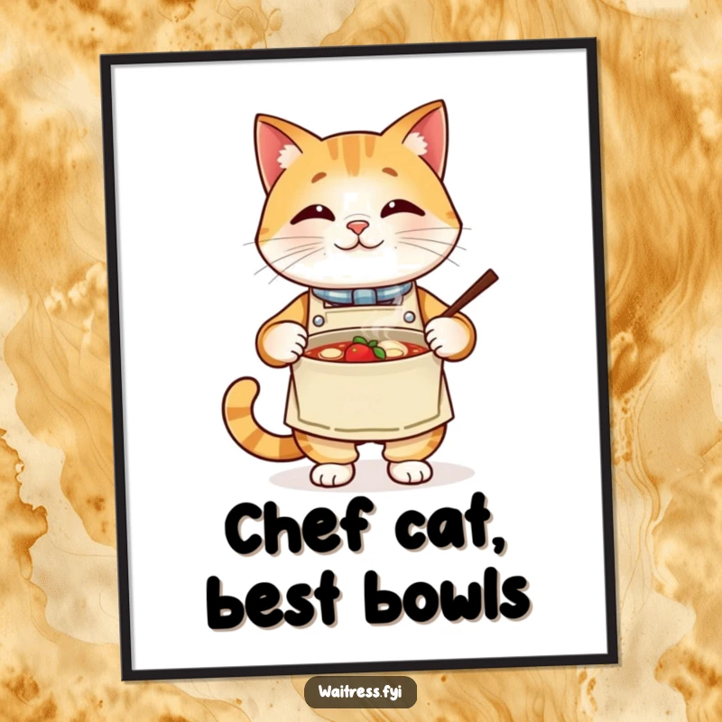 Funny cat chef poster, a proud cat wearing an apron presents a steaming bowl with pride. Humorous wall art for kitchens.