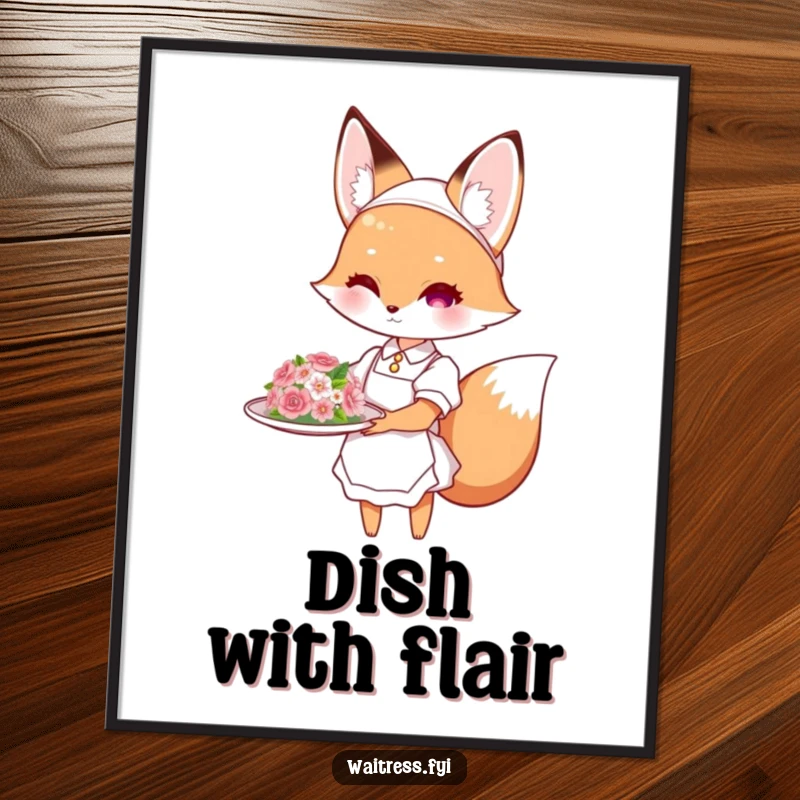 Funny fox waitress poster showing a cute fox gracefully presenting a flower-decorated dish, perfect for decor and as a funny gift.