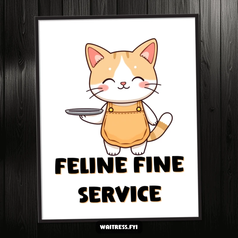 Funny cat waiter poster featuring a cute cat in a tiny apron, holding a tray, adding humor to wall decor.