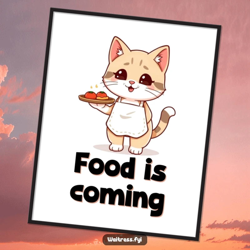 Funny Kawaii cat waiter poster showcasing a cute cat in an apron balancing a food tray, adding charm to walls.