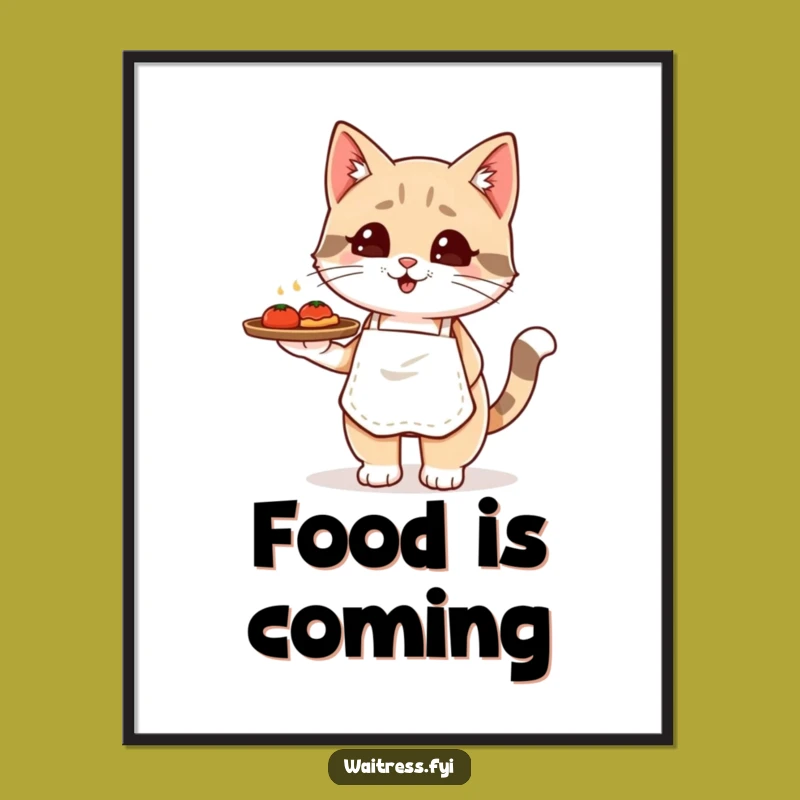 Funny Kawaii Cat Waiter Poster: Adorable Feline Art to Brighten Your Walls, Perfect Funny Gift!